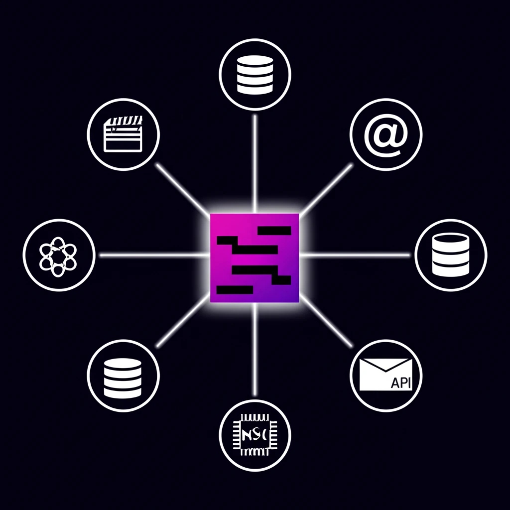 A minimalist graphic showing various business app icons (like databases, APIs, email) connecting to a central minxi.ai icon with clean, glowing lines.