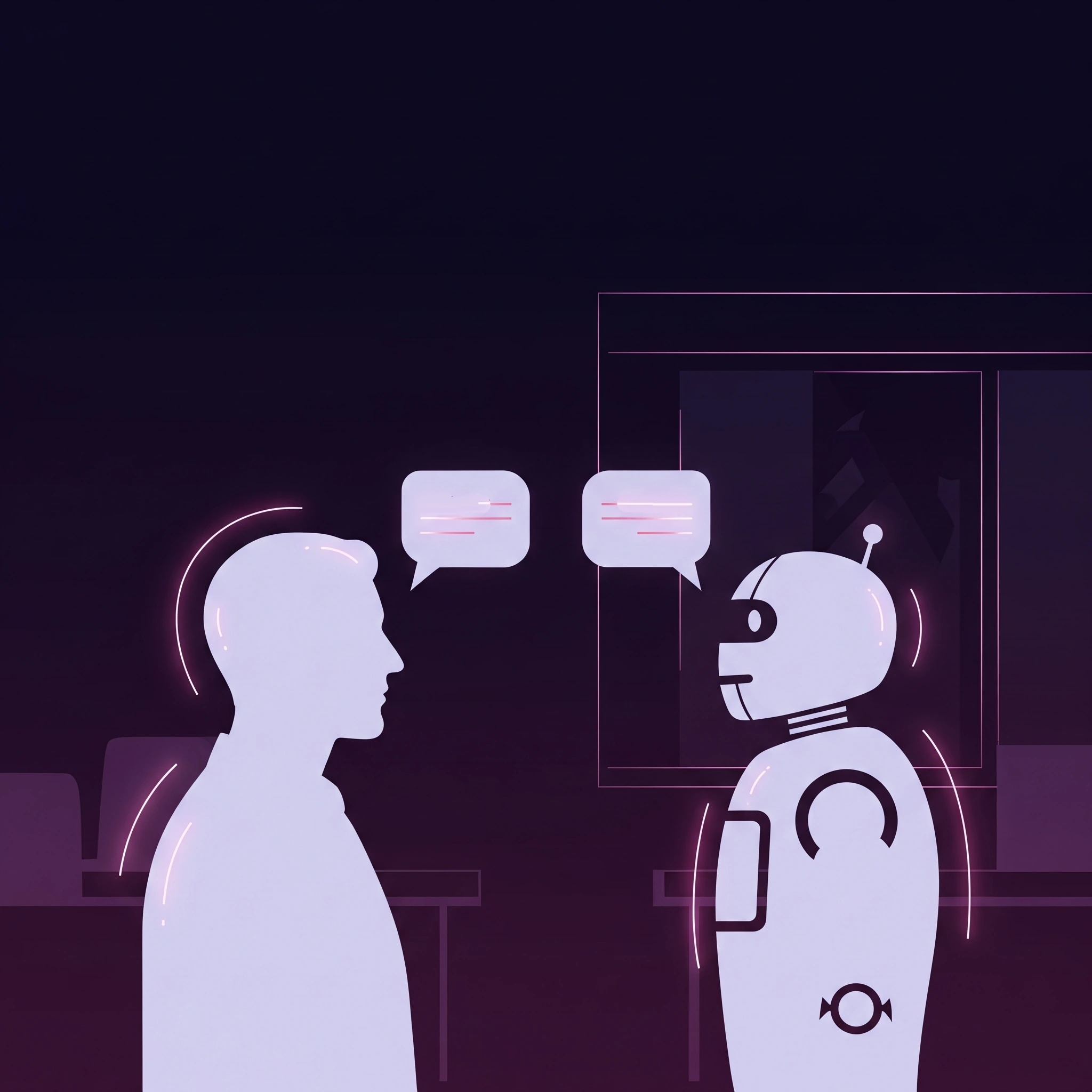 A simple, elegant illustration of a human silhouette and a robot silhouette engaged in a conversation, indicated by speech bubbles.